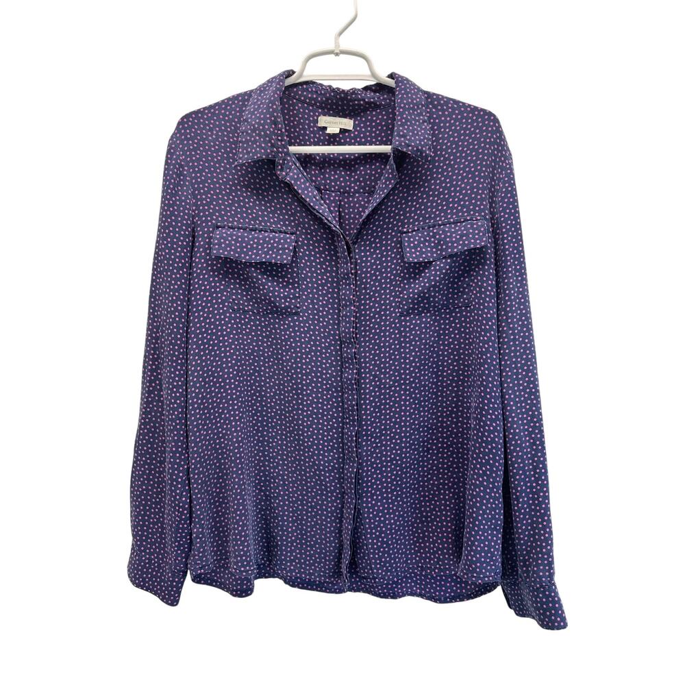 Garnet Hill Silk Long Sleeve Button Front Top Blouse Purple Pink Polka Dot 14